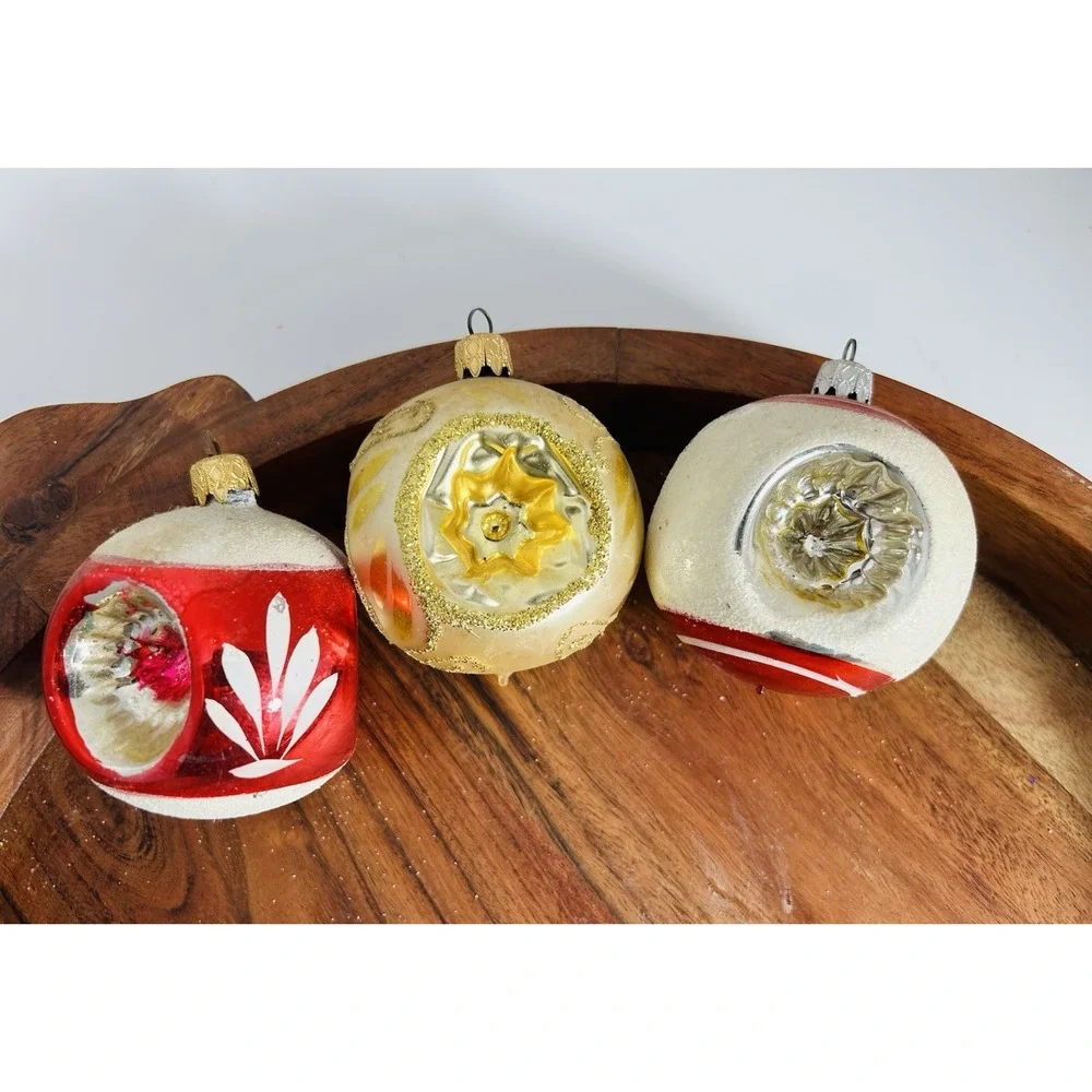 Set of 3‎ Vintage Christmas Glass Ornaments Indent REFLECTOR Balls Xmas 50s MCM